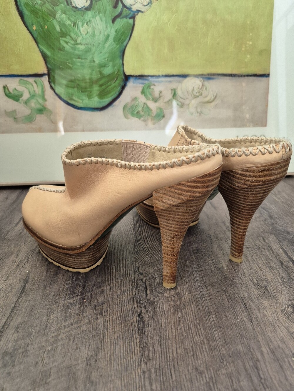 Donald J. Pliner Beige Leather High Heel Mules with Whipstitch Trim
